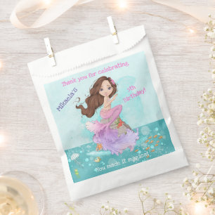 Girly Brunette Pink Mermaid Birthday Thank You Favour Bags