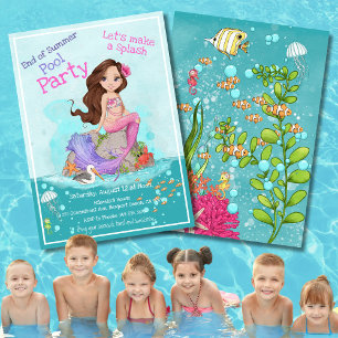 Girly Brunette Pink Mermaid Summer Pool Party Invitation