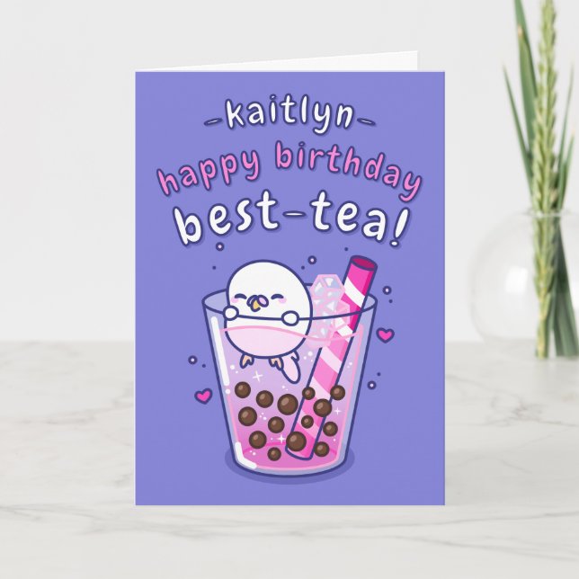 Girly Bubble Tea Cartoon Best Friend Birthday Card (Front)
