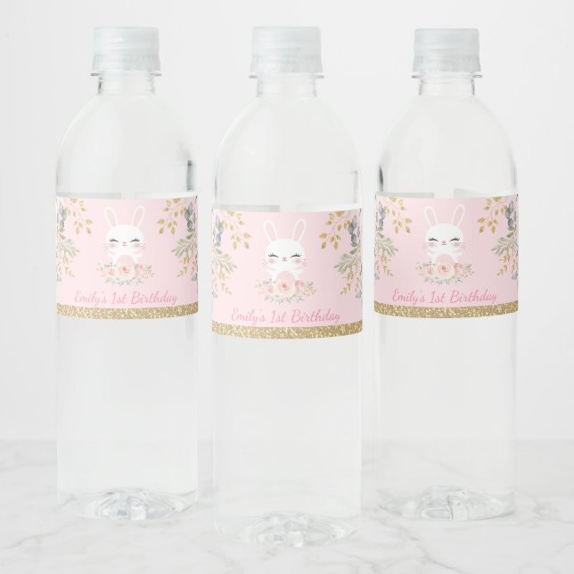 Girly Bunny Rabbit Pink Gold Floral Birthday Favou Water Bottle Label (Bottles)