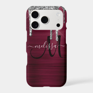 Girly Burgundy Brushed Metal Dripping Glitter Name