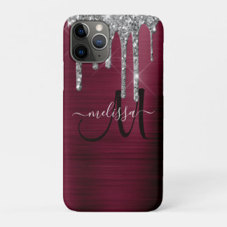 Girly Burgundy Brushed Metal Dripping Glitter Name Case-Mate iPhone Case