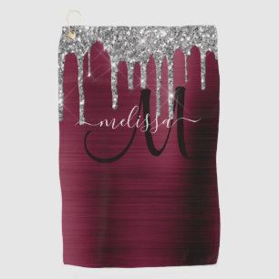 Girly Burgundy Brushed Metal Dripping Glitter Name Golf Towel