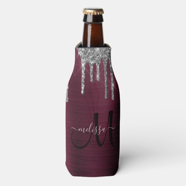 Girly Burgundy Dripping Glitter Brush Metal Name Bottle Cooler (Bottle Front)