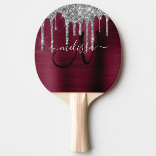 Girly Burgundy Dripping Glitter Brush Metal Name Ping Pong Paddle
