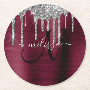 Girly Burgundy Dripping Glitter Brush Metal Name Round Paper Coaster