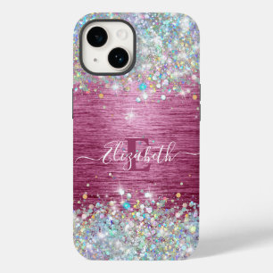 Girly Burgundy Holographic Faux Glitter Monogram Case-Mate iPhone 14 Case