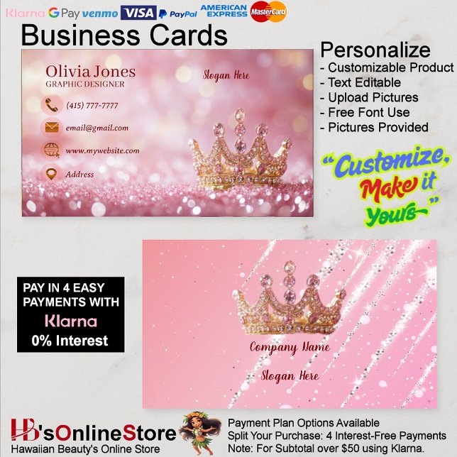 Girly Business Trendy Glitter Elegant Crown  Card (Girly Business Trendy Glitter Elegant Crown Business Card 30.)