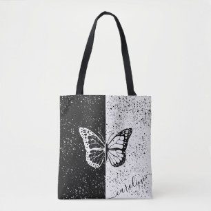 Girly Butterfly Black & White Elegant Custom Name Tote Bag