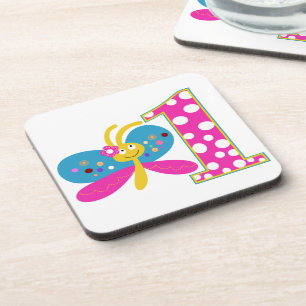 Girly Butterfly First Birthday Coaster