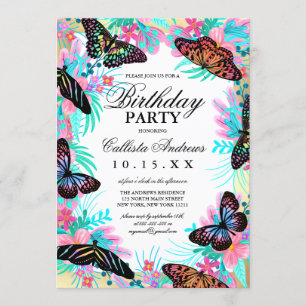 Girly Butterfly Flowers Leaves Watercolor Birthday Invitation