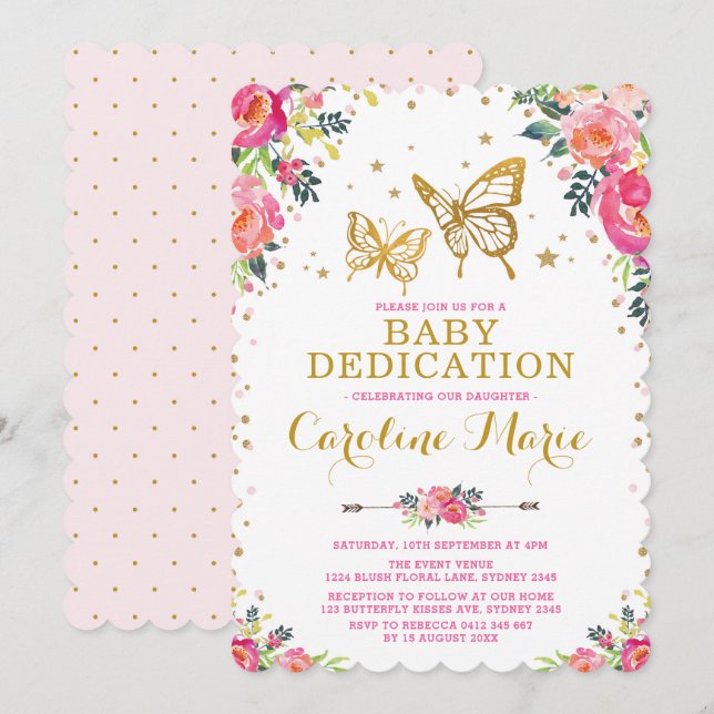 Girly Butterfly Watercolor Floral Baby Dedication Invitation (Front/Back)