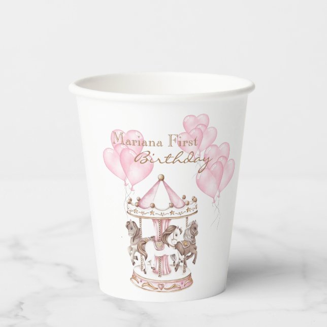 Girly Carousel Pink Unicorn First Birthday Paper Cups (Front)
