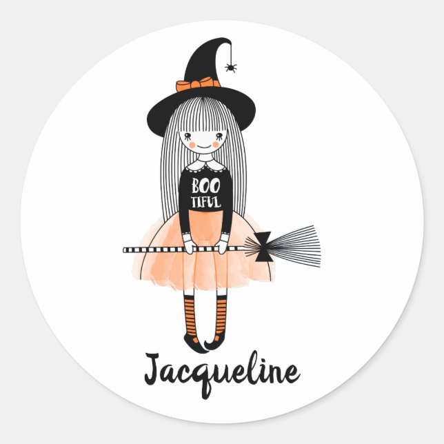 Girly cartoon witch broom hat bow boo personalise classic round sticker (Front)
