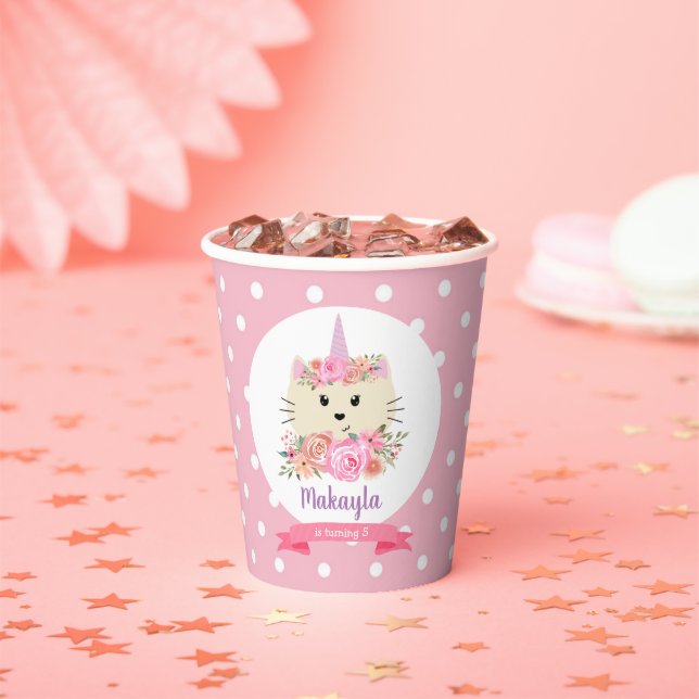 Girly Cat Unicorn Caticorn Meowgical Birthday Paper Cups (Insitu)