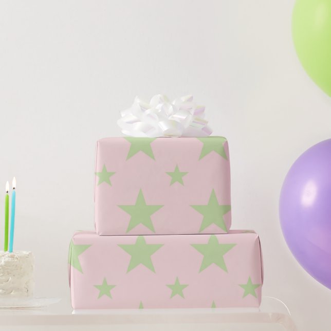 Girly Celestial Pastel Pink & Green Stars Pattern Wrapping Paper (Party Gifts)
