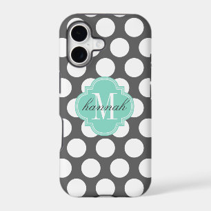 Girly Charcoal & Aqua Big Dots Monogrammed