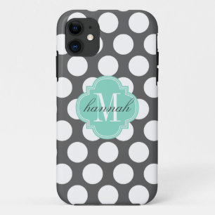 Girly Charcoal & Aqua Big Dots Monogrammed Case-Mate iPhone Case