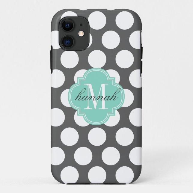 Girly Charcoal & Aqua Big Dots Monogrammed Case-Mate iPhone Case (Back)