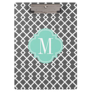 Girly Charcoal & Aqua Diamond Lattice Personalised Clipboard