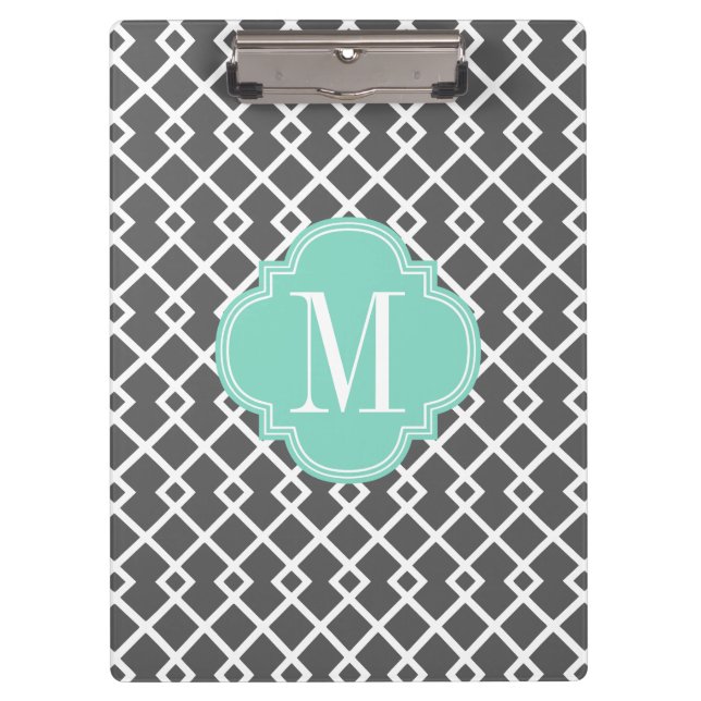 Girly Charcoal & Aqua Diamond Lattice Personalised Clipboard (Front)