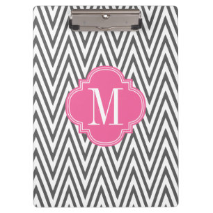 Girly Charcoal & Pink Chevron Stripes Custom Clipboard