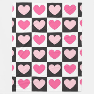 Girly Chequered Pink Hearts Luxury Fleece Blanket