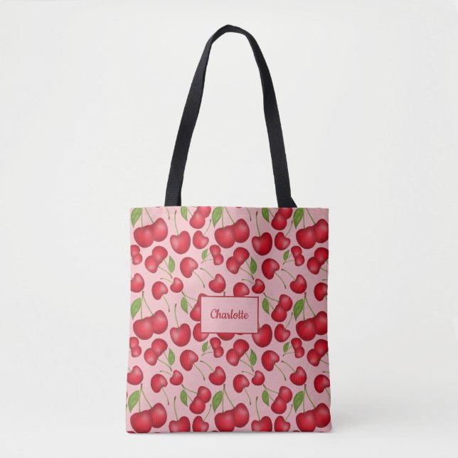 Girly Cherries pattern pink with personalise name Tote Bag (Front)