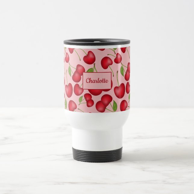 Girly Cherries pattern pink with personalise name Travel Mug (Center)