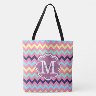 Girly Chevron Floral Monogram & Personalised Name Tote Bag