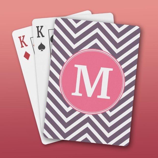 Girly Chevron Pattern with Monogram - Pink Purple Playing Cards (Custom Playing Cards)
