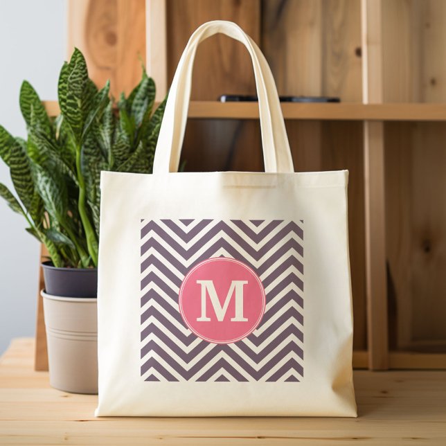 Girly Chevron Pattern with Monogram - Pink Purple Tote Bag (Custom Canvas Tote Bag)