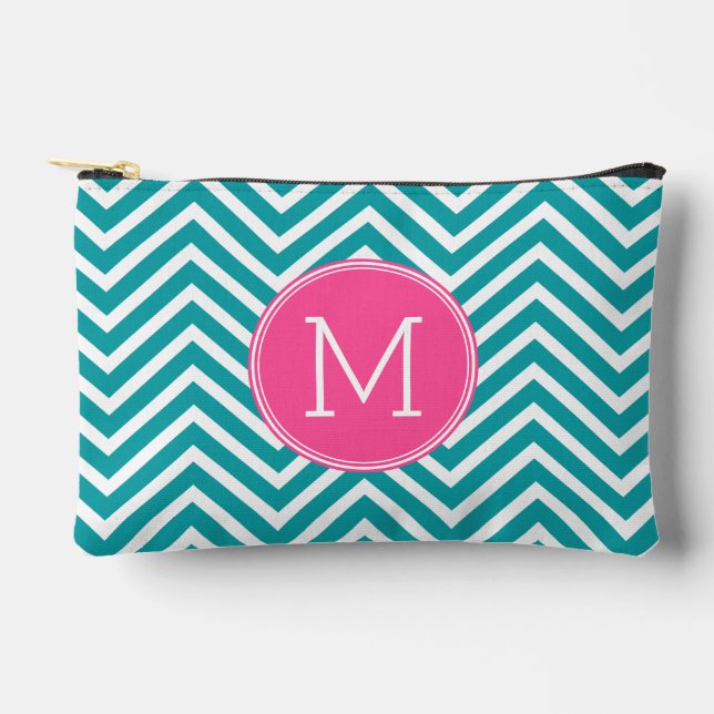 Girly Chevron Pattern with Monogram - Pink Teal Accessory Pouch (Front)