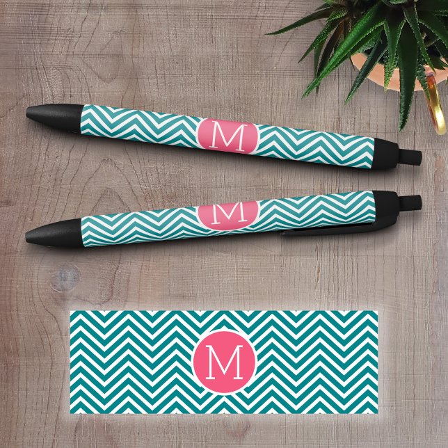Girly Chevron Pattern with Monogram - Pink Teal Black Ink Pen (Personalized writing pens - Add your text and choose a background color)