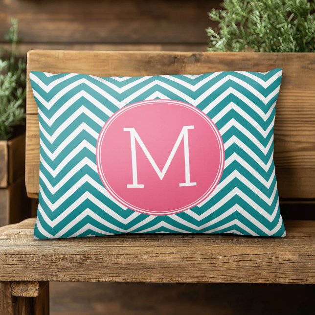 Girly Chevron Pattern with Monogram - Pink Teal Decorative Cushion (Cute Monogram Accent Pillow)