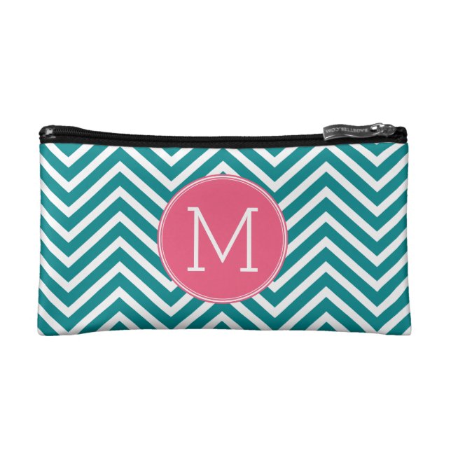 Girly Chevron Pattern with Monogram - Pink Teal Makeup Bag (Front)