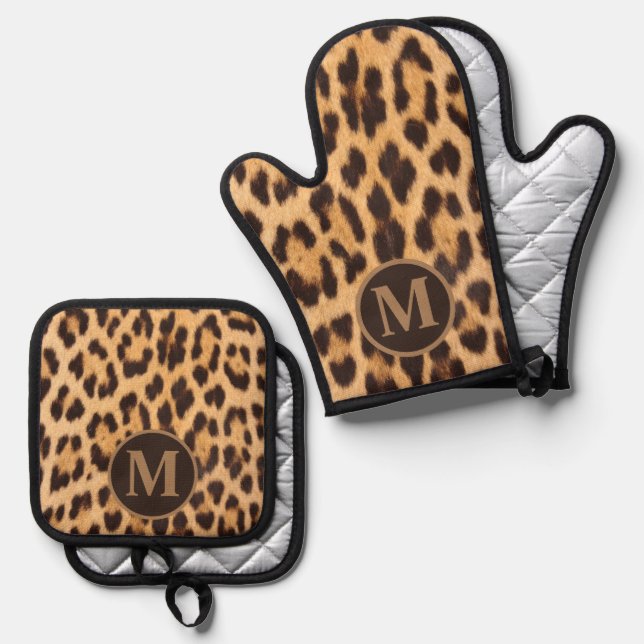 girly chic animal print leopard monogram initials oven mitt & pot holder set (Front/Back)