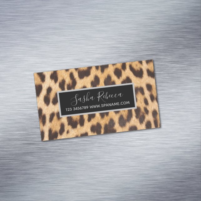 girly chic beauty hair salon stylist leopard print magnetic business card (In Situ)
