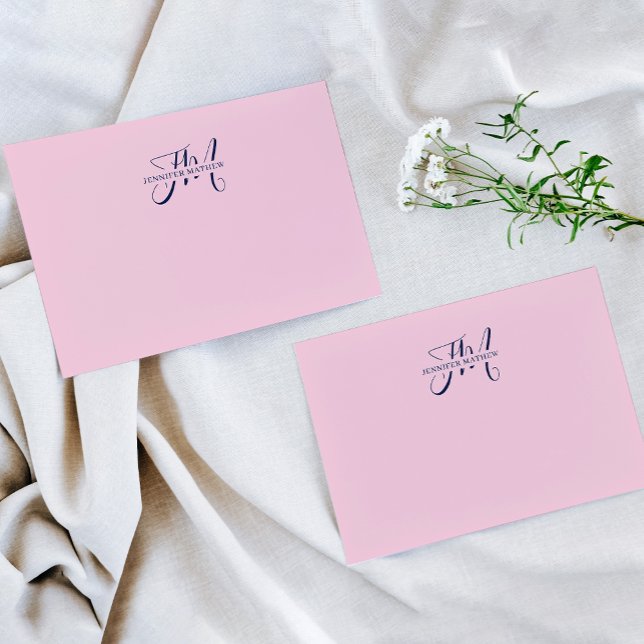 Girly Chic Blush Pink & Navy Blue Script Monogram Card (Creator Uploaded)