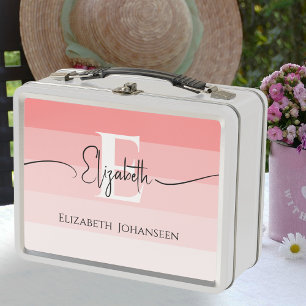 Girly Chic Blush Pink Stripes Monogram Script Name Metal Lunch Box