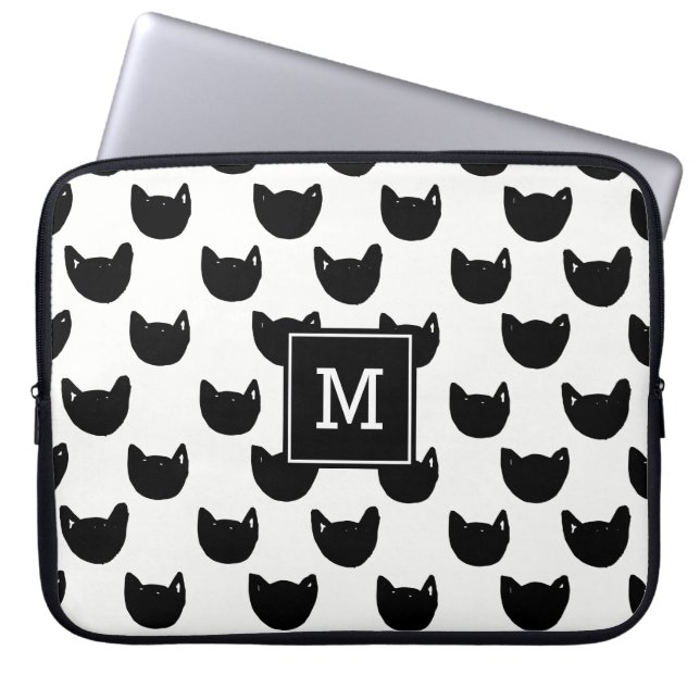 Girly chic Doodle black cat Monogram Personalised Laptop Sleeve (Front)