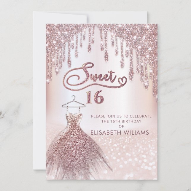 Girly chic dress  drips rose gold glittery ombre i invitation (Front)