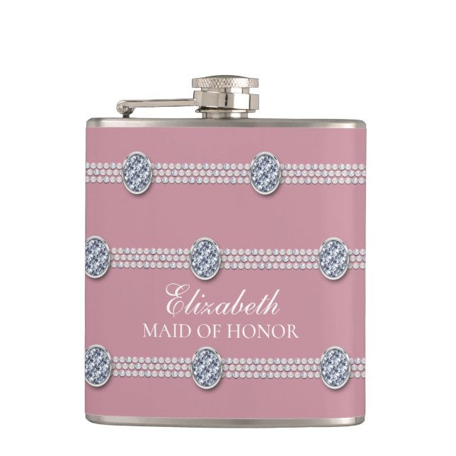 Girly Chic Elegant Diamond Pearl Bridesmaid Hip Flask (Front)