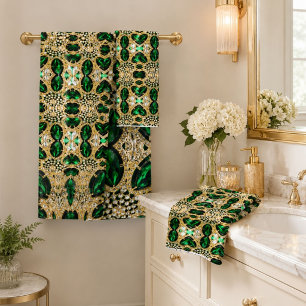 girly chic fashion art deco gold emerald green bath towel set