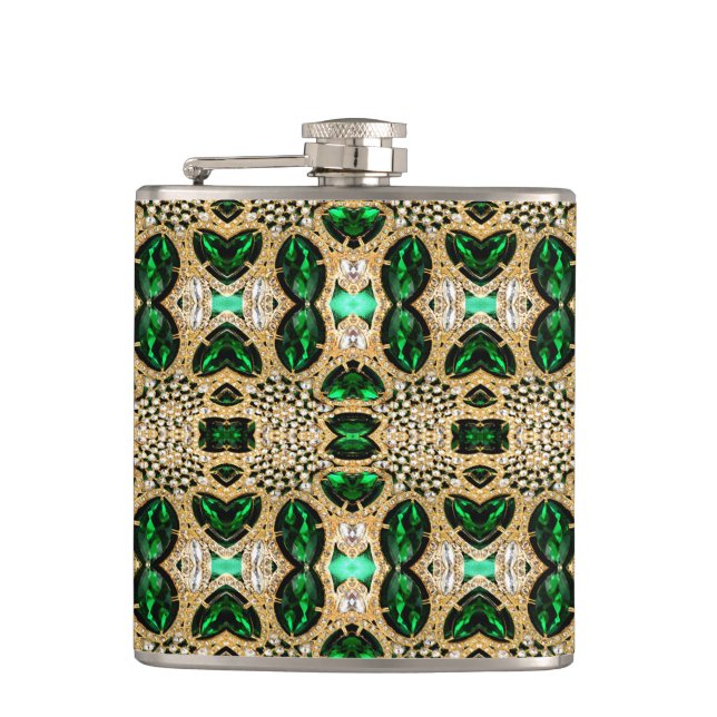 girly chic fashion art deco gold emerald green  hip flask (Front)