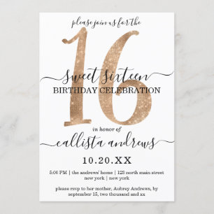 Girly Chic Faux Gold Glitter White Sweet 16 Invitation