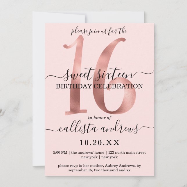 Girly Chic Faux Rose Gold Blush Pink Sweet 16 Invitation (Front)