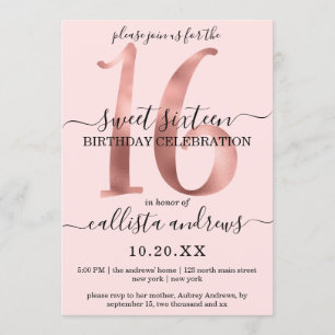 Girly Chic Faux Rose Gold Blush Pink Sweet 16 Invitation