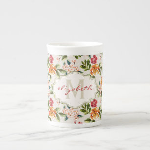 Girly Chic Floral Pattern with Monogram Name Bone China Mug