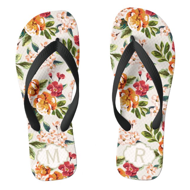 Girly Chic Floral Pattern with Monogram Name Jandals (Footbed)